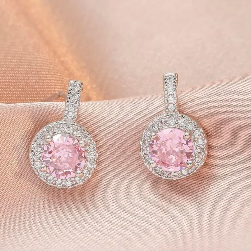 Pink Gemstone & Cubic Zirconia Round Stud Dainty Luxury Glam Earrings
